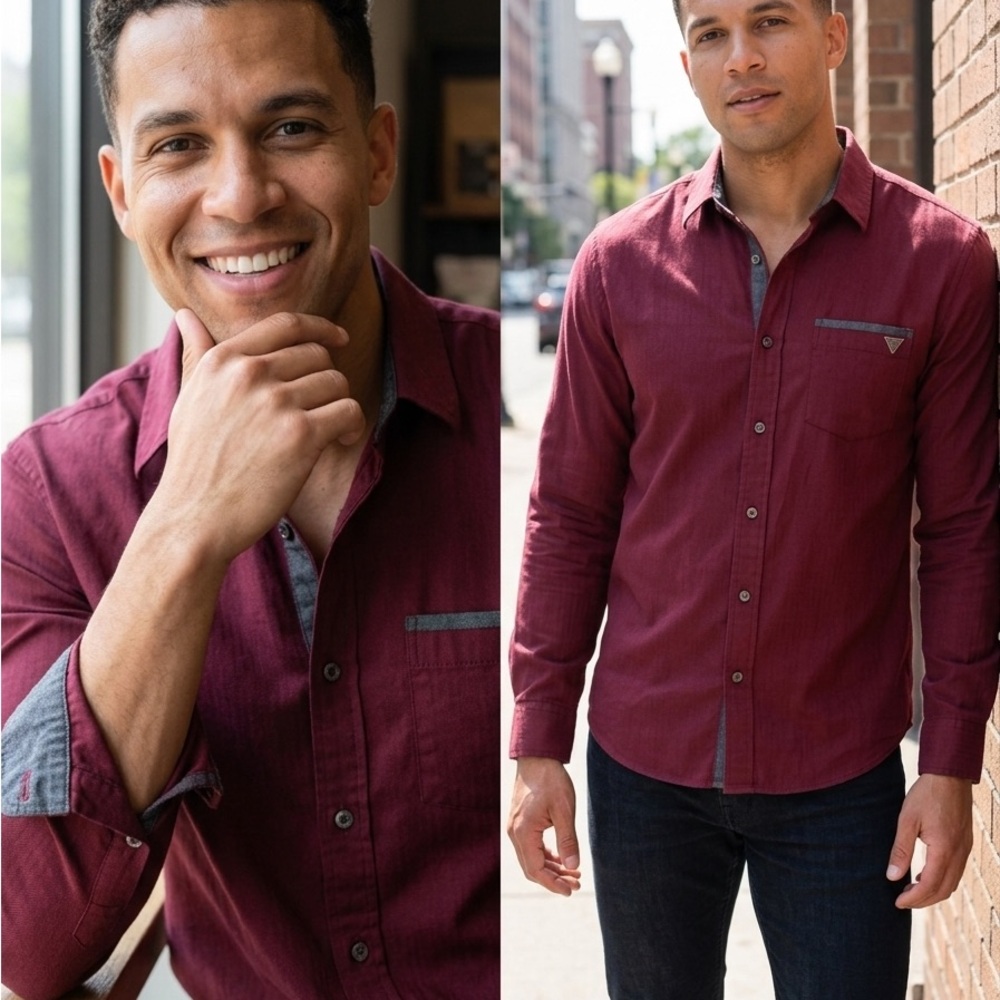GUESS Men's Burgundy Long-Sleeve Button-Down Shirt with Contrast Trim